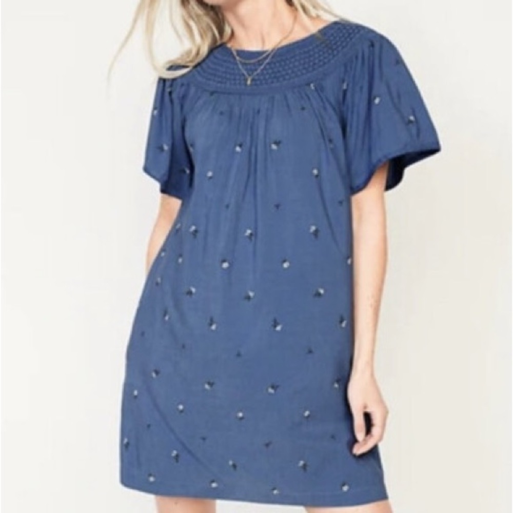 Old Navy Blue White Floral Print Smock Chambray Dress Size Large